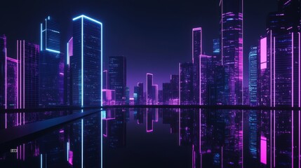 Futuristic city skyline at night with neon lights reflecting on the ground, showcasing a vibrant urban landscape and advanced technology concepts
