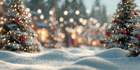 Magical Winter Christmas Village with Snowfall and Festive Bokeh Lights.