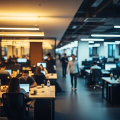 Busy open plan office environment illuminated by warm and cool lighting fixtures