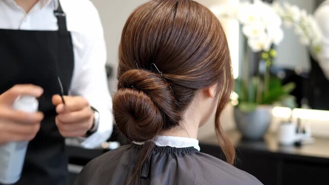 Elegant Bun Hairstyle at Salon - A woman receives a stylish bun hairstyle at a hair salon, the intricate updo secured with hairpins.