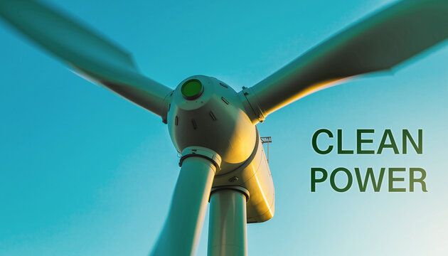 Green Energy Turbine. "2026". Renewable energy goals with the text CLEAN POWER in a bold earthy slab serif font. inspirational and environmental with a fresh emerald green and blue sky scheme.
