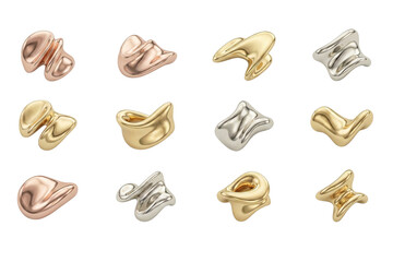 A collection of shiny abstract metallic elements in rose gold, gold, and silver finishes