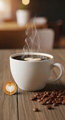Steaming white ceramic mug holding dark beverage with latte art rests on a wooden surface beside scattered roasted beans