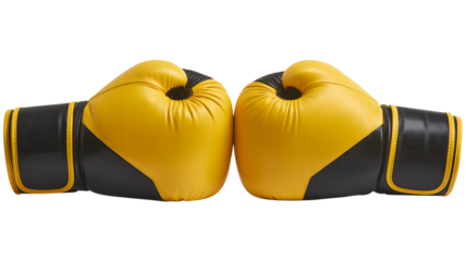 Isolated on white, a pair of yellow and black boxing gloves are presented in a front view, displaying the sport's equipment