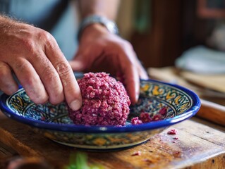 Hands Shaping Raw Minced Meat Kofta in Ceramic Bowl, Traditional Homemade Cooking Process.