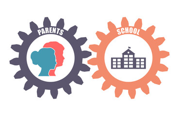 School and parents text on mechanism of gears. Male and female heads. School building.