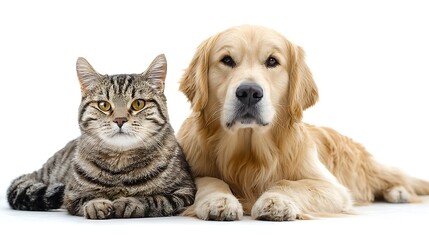 Fototapeta premium Domestic cat and golden retriever dog lying together on a white background.