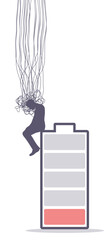 Stressed over thinking man sitting on battery with low charge. Psychotherapy, stress and psychosis. Brain damage, cognitive disfunction. A tangled nerves, symbolizing a depressed state of a person.