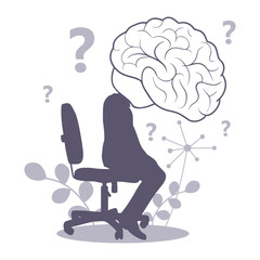 A man with brain as head in profile sitting in office chair with a question marks, symbolizing a depressed state of a person. Psychological help. Personality disorder and depression.