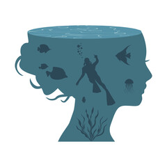 Double exposure portrait of young woman and underwater marine life. Positive thinking. Good mental health condition.