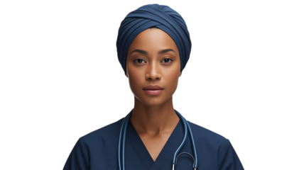 Portrait of a woman wearing a blue head wrap and top