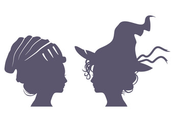Young women face side view icon. Elegant silhouettes of a female head wearing casual hat and young witch head.