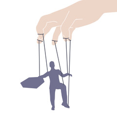 Employer manipulating the employee, emotional manipulation and obey the master concept with ominous hand pulling the strings on a marionette. Control and micromanagement.
