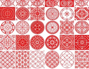 Assortment of red and white ornamental geometric patterns