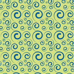 A seamless abstract pattern of blue and black swirling circles creating a retro decorative wallpaper design