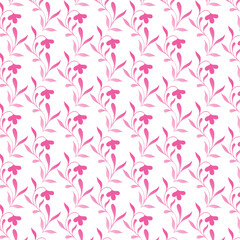 Seamless vintage floral pattern with pink flowers, hearts, and elegant leaves for decorative wallpaper and textile design