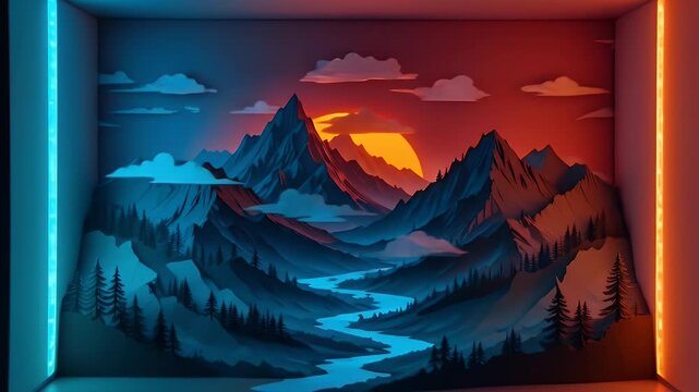 Neon Landscape Inside a Box With Mountains, River, Clouds and Setting Sun Wallpaper