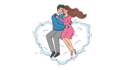 Harmony in the Sky: A couple, entwined in embrace, floats dreamily atop a heart-shaped cloud, symbolizing their love, peace, and serenity.