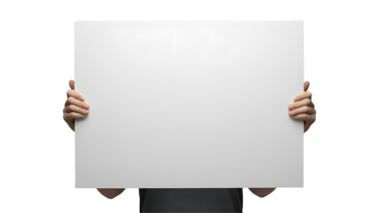 Anonymous person holding blank white board with both hands against a clean white background, perfect for adding your desired message