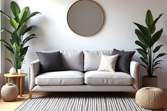 A bright and minimalist living room interior with a gray sofa and large green plants