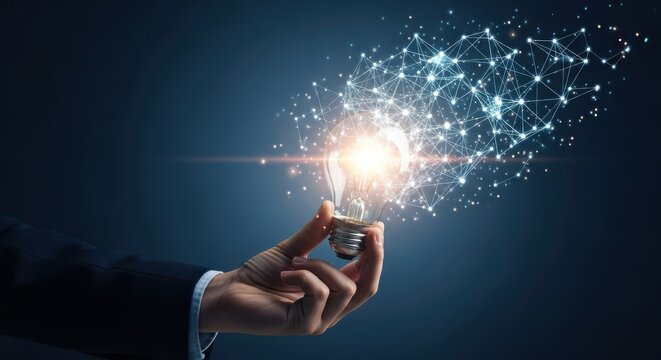 Hand holding bright light bulb with digital network - Powered by Adobe