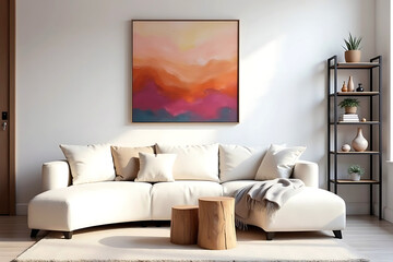 A cozy, modern living room interior featuring an off-white sectional sofa and abstract painting