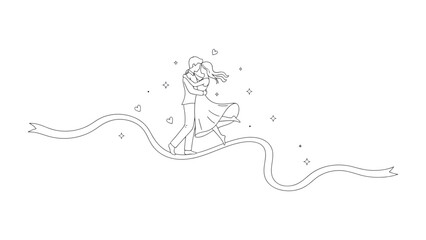 Obraz premium A Dreamy Dance on a Ribbon: Two figures embrace in a tender dance on a ribbon, radiating romance and togetherness. Capturing the essence of shared dreams, tender embrace, and eternal connection.