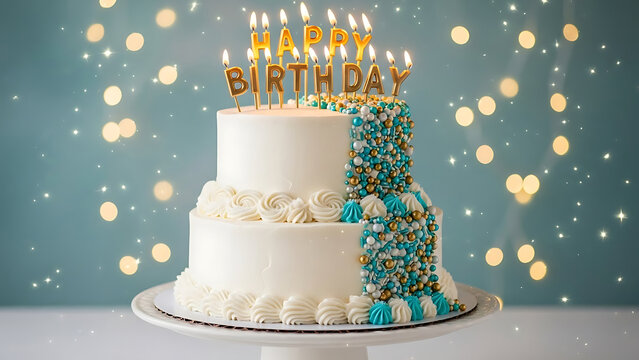 Two tier white cake with gold happy birthday candles and teal gold sprinkles