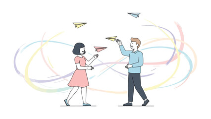 Airmail of the Mind: Two individuals, immersed in a moment of childlike delight, engage in the carefree activity of launching paper airplanes, symbolizing imagination, and the pursuit of dreams.