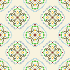Ikat seamless pattern with decorative flowers. Colorful floral background. Vintage ikat pattern. Ideas for Turkish tiles, Spanish pottery, wallpaper, tapestry, and textiles.