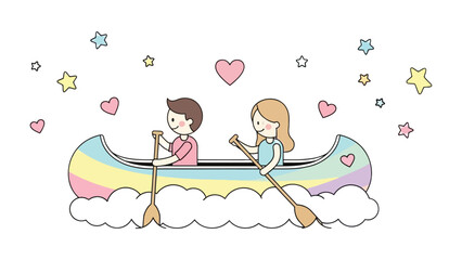 Romantic Voyage: A charming cartoon depicts a couple paddling a canoe across a sea of love. Hearts and stars float in the sky, symbolizing their joy.