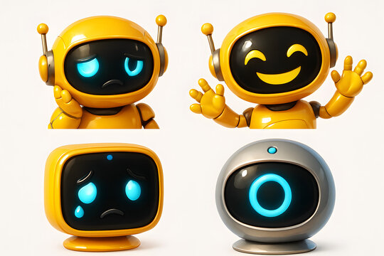 Robots with Different Moods: A series of cute robots express different emotions, showcasing both joy and sadness through expressive digital interface.