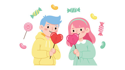 Sweet Bond: Two individuals share a sweet moment with heart-shaped lollipops, surrounded by an array of candy, candies, evoking feelings of innocence, joy, and affection.