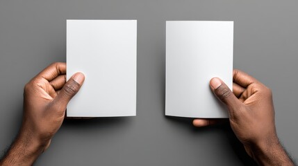 Dark skinned hands present two blank vertical rectangular cards against a plain background