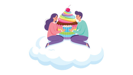 Sweet Moment of Togetherness: A couple shares a special moment, embracing a giant cupcake. This charming illustration captures the sweetness of shared experiences and the joy of indulgence.