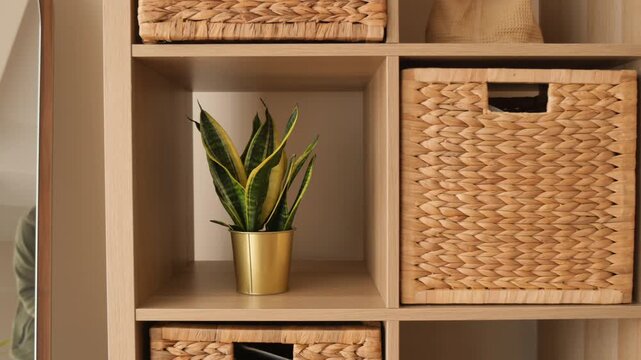 Plant and storage baskets in home shelf setup
