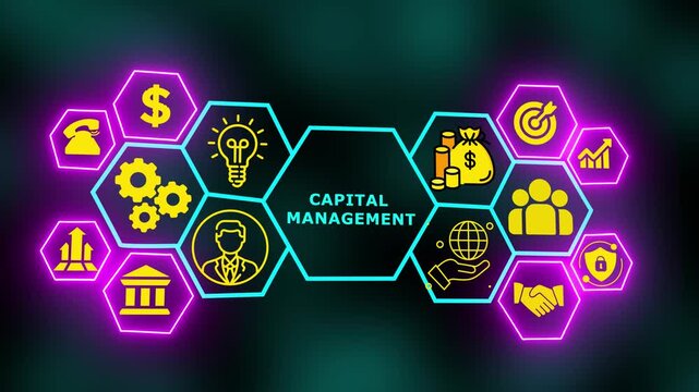 A futuristic neon capital-management interface illustrating financial control icons, asset allocation symbols, and structured business funding strategies.