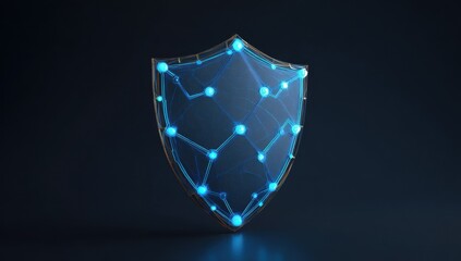 Blue glowing grid shield representing cybersecurity and digital protection on dark technological background with network structure and light points.