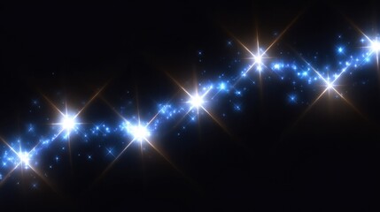 Beautiful starry night sky with bright shining stars and sparkling starburst effects in deep blue and golden colors. Cosmic universe