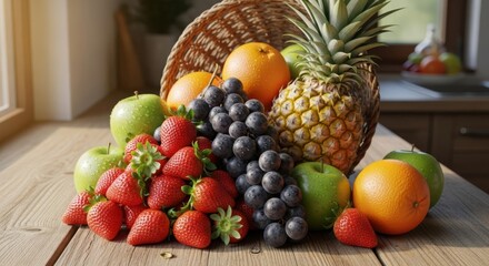 Assorted fresh fruits on wooden table