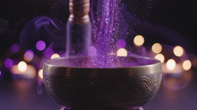 Ethereal Sound Bowl with Mystical Smoke - This video captures a beautifully crafted sound bowl emitting swirling purple mist, illuminated by soft bokeh lights in the background.