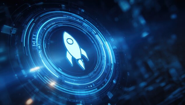 Blue glowing circular interface with rocket icon representing technology launch, innovation, and future concept on dark blue technological background with particles. - Powered by Adobe