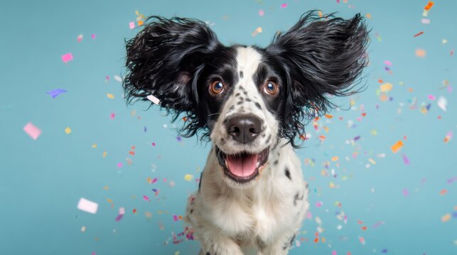 Happy black and white dog with floppy ears celebrating with colorful confetti on light blue background. Joyful pet with big smile looking excited and playful in festive celebration concept.