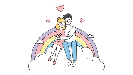 Love's Embrace: A couple shares an intimate moment, cuddled up on a whimsical rainbow, surrounded by floating hearts, evoking a sense of serenity and joy.