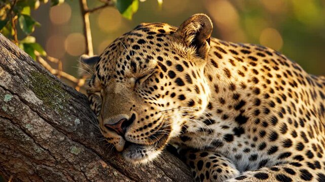 Leopard Resting on Tree Branch with Golden Sunlight and Blurred Background in Natural Habitat