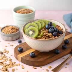 Granola, Kiwi & Blueberry Breakfast Bowl on transparent background