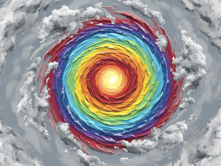 Colorful spiral weather map visualizes hurricane path with red core. Storm intensity shown by rainbow spectrum over dark ocean surface. Meteorological data predicts severe weather system. Weather 