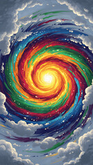 Colorful spiral weather map visualizes hurricane path with red core. Storm intensity shown by rainbow spectrum over dark ocean surface. Meteorological data predicts severe weather system. Weather 