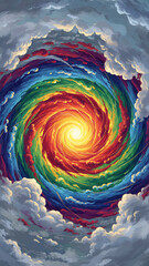 Colorful spiral weather map visualizes hurricane path with red core. Storm intensity shown by rainbow spectrum over dark ocean surface. Meteorological data predicts severe weather system. Weather 