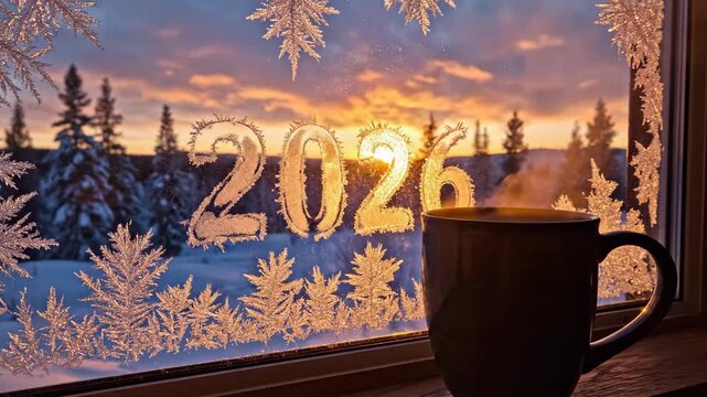 Cozy Winter Sunrise Over Frosted Window - This serene video captures a cozy winter scene through a frosted window, featuring the year "2026" etched in the ice.
